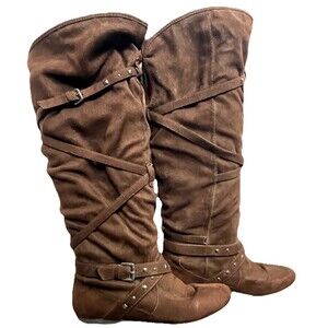 Brown Tall Knee Boots Slouchy Boho Faux Suede Buckle Strap Studs Report 8 Retro